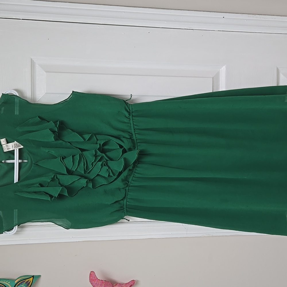 Emma&Michele silky green w/ruffles, elastic waist, back top button, fully lined